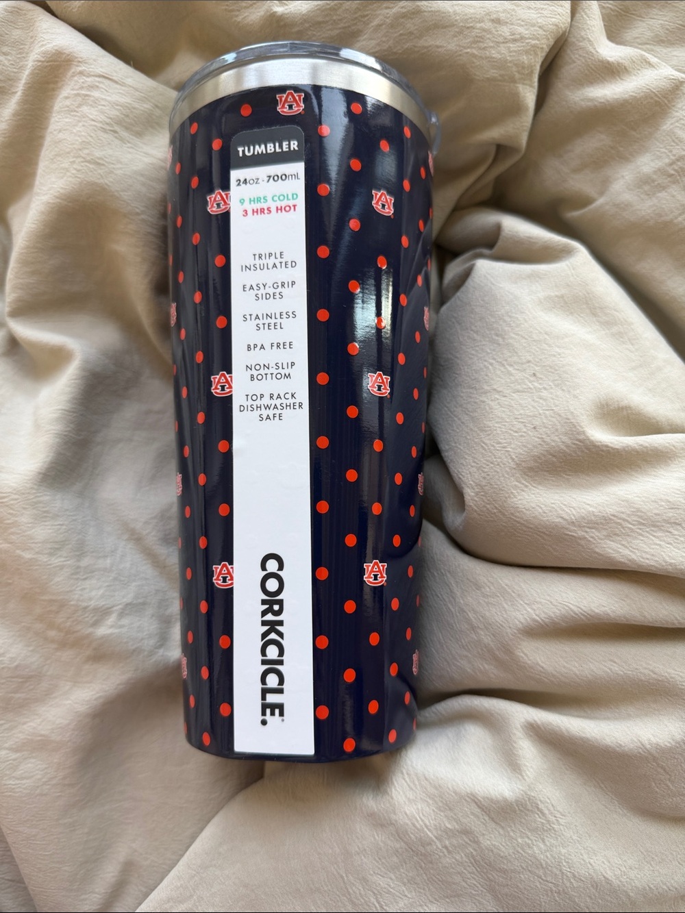 Corkcicle Auburn Navy & Orange Polka Dot Tumbler - 24oz BNWT